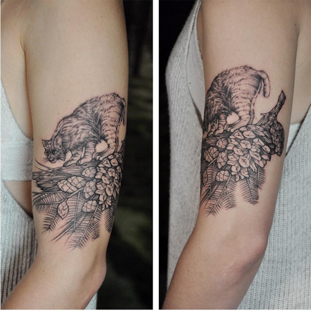 Tattoos - Bobcat and Pinecone. Instagram @MichaelBalesArt - 125150